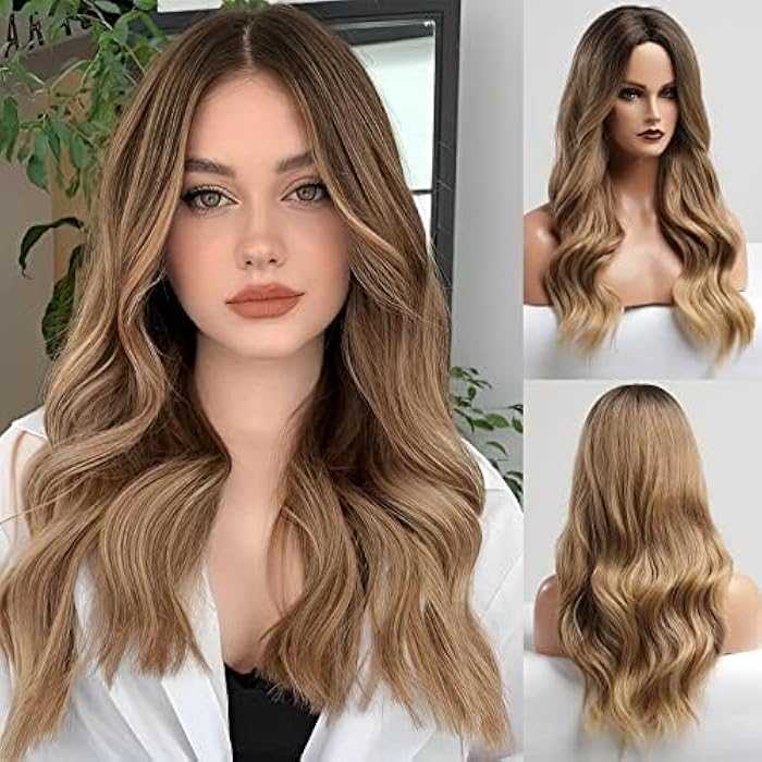 ECIF Long Curly Brown Wig Middle Parting Women's Heat Resistant Wigs Dark Brown Root Wigs For Women Natural Looking Synthetic Wigs